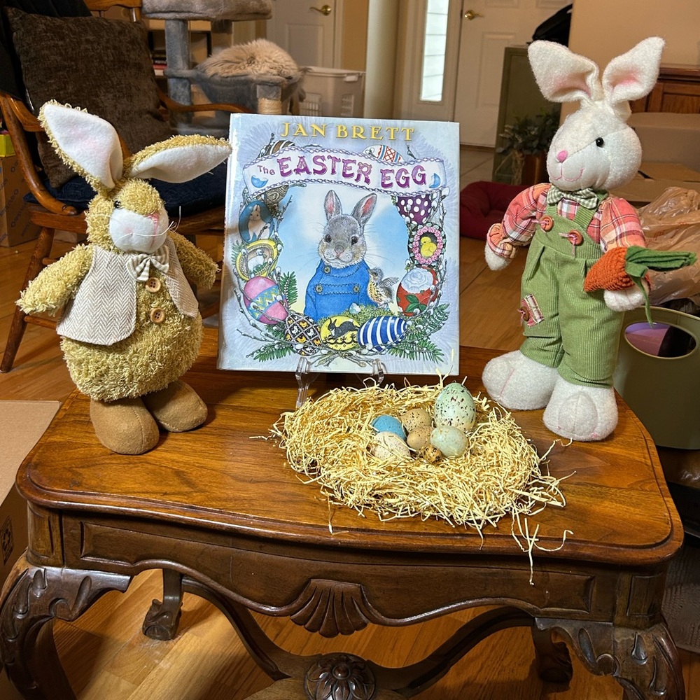 EASTER Jan Brett Illustrated “The Easter Egg” Book, 2-Stand-up Stuffed Rabbits+